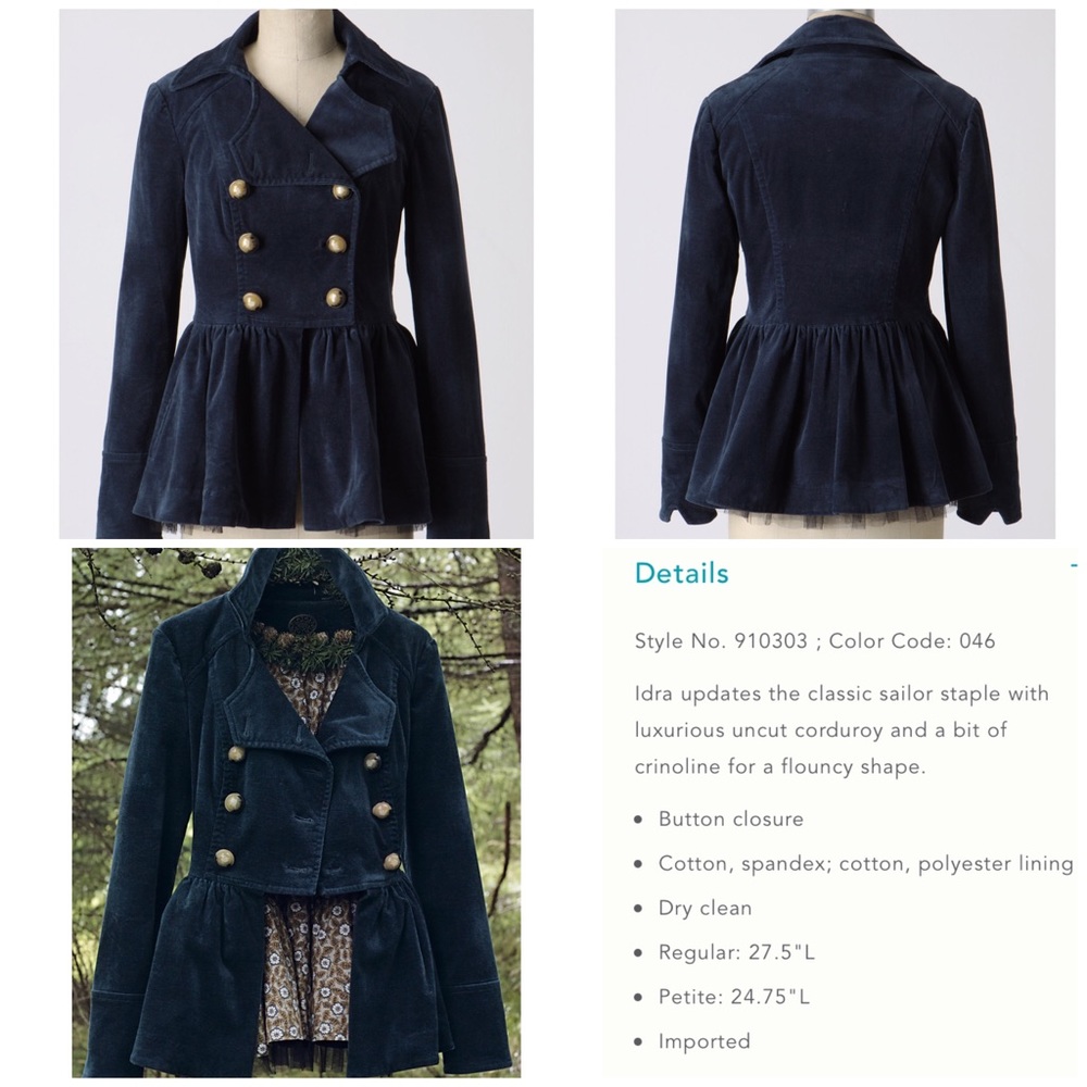 Anthropologie Skirted Peacoat by Idra, Sz 0 Blue